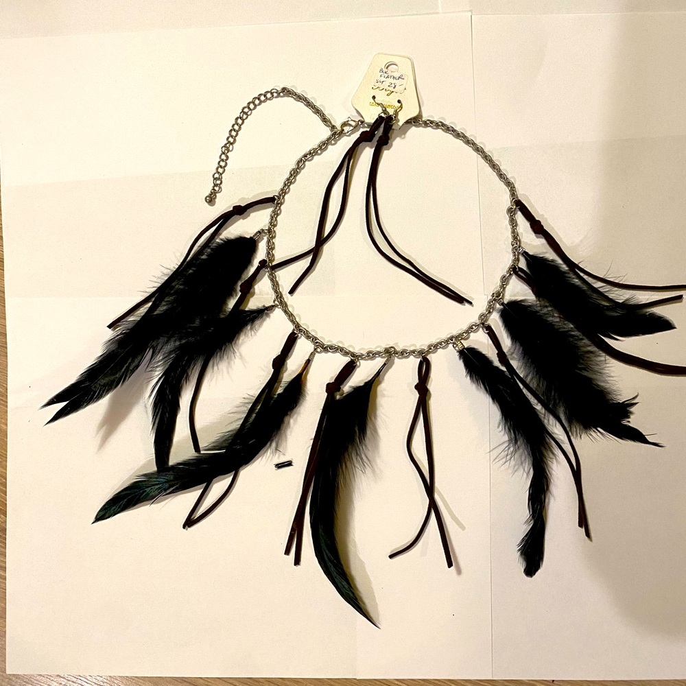 Feather and Leather set. Black feathers with brown leather accent earrings